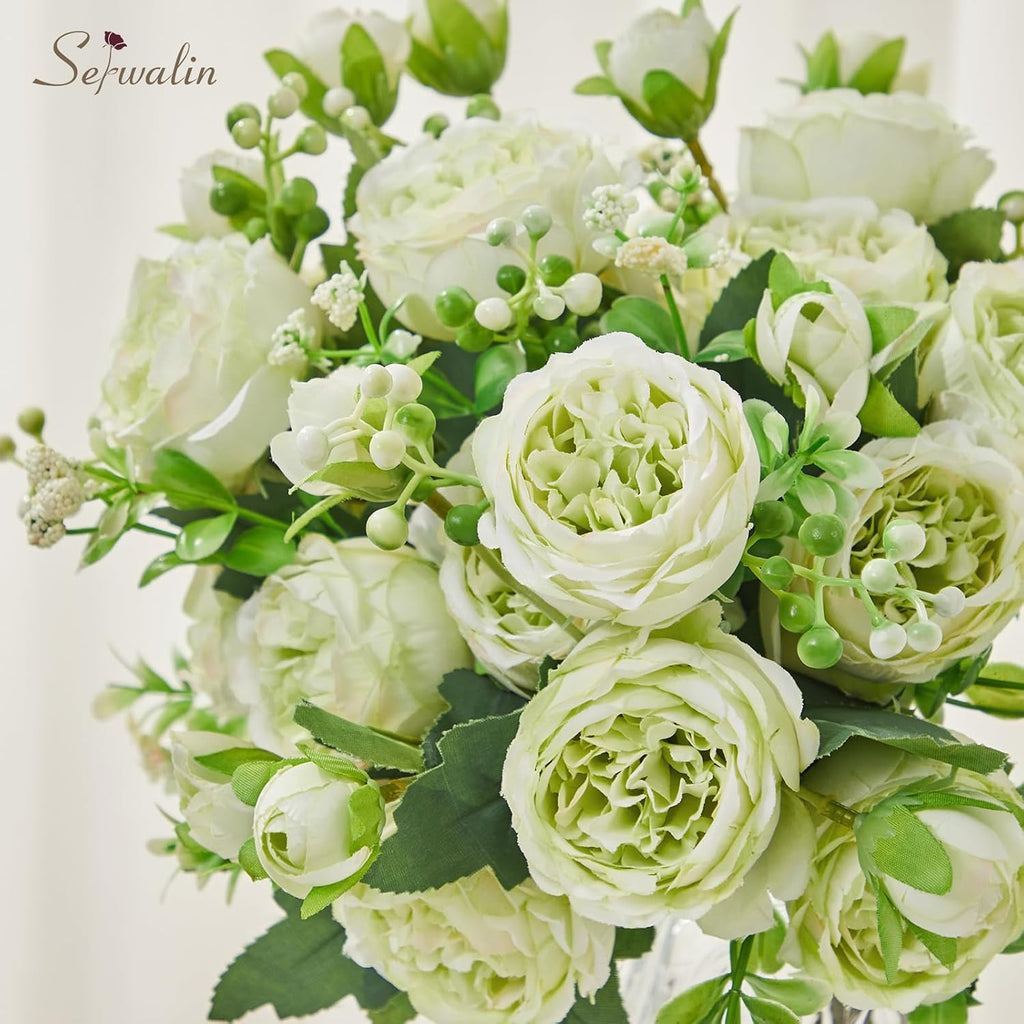 Bunches Peonies Artificial Flowers, Silk Green Peonies Bouquet Faux Flowers Bulk for Table Centerpieces Wedding - Set of 4
