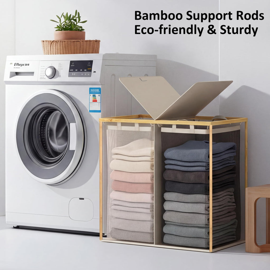 Double Laundry Hamper with Lid and 2 Removable Bags, Beige