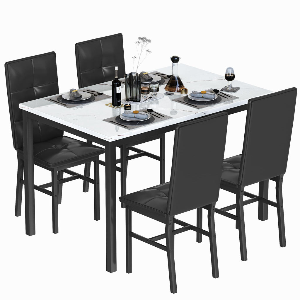 Dining Table Set for 4, Faux Marble Small Kitchen Table with 4 PU Leather Chairs, Modern 5 Piece Dinner Table Set