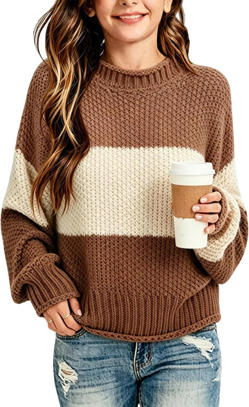 Color Block Knit Sweaters Crewneck Long Sleeve Pullover Cozy Loose Fall Cute Sweater Tops Winter Outfits