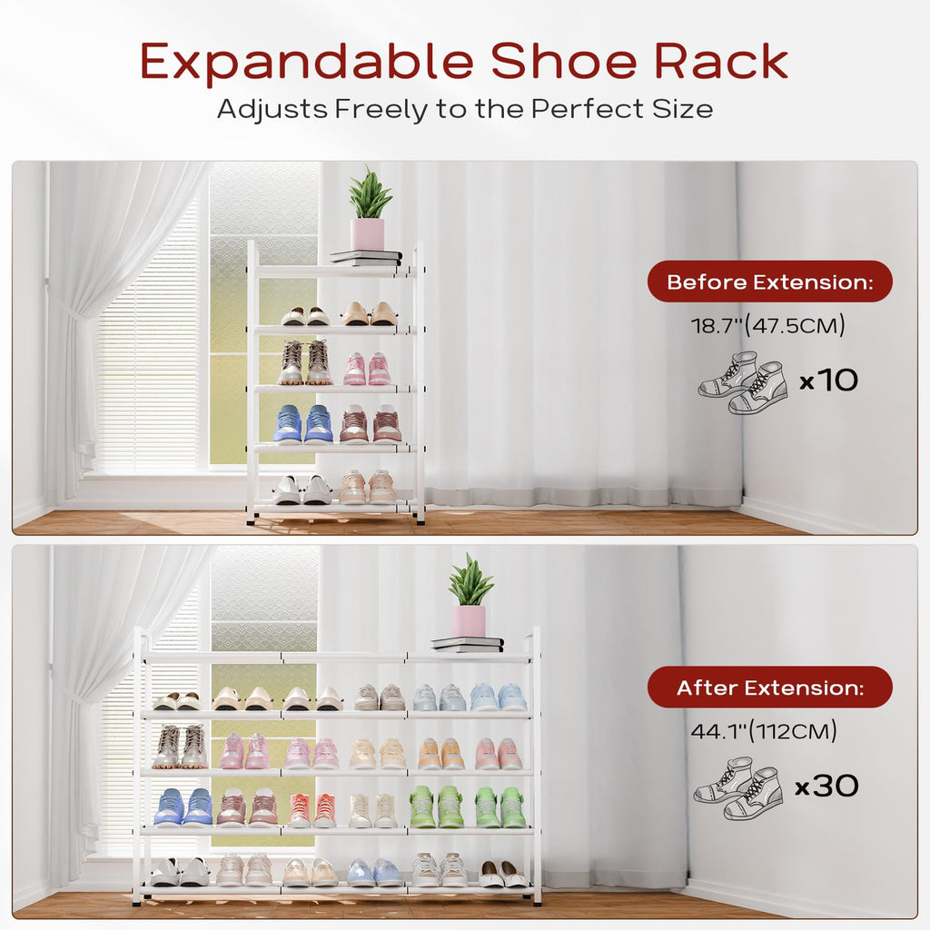 5 Tier Long Expandable Shoe Rack for Closet, White