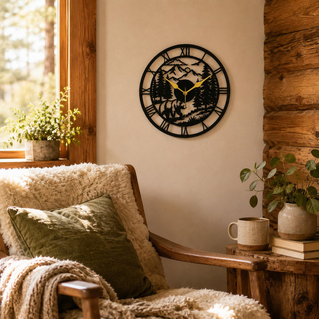 Metal Bear Wall Clock, Rustic Cabin Wall Clock, Mountain Wall Clock, Woodland Decor, Roman Numeral Wall Clock