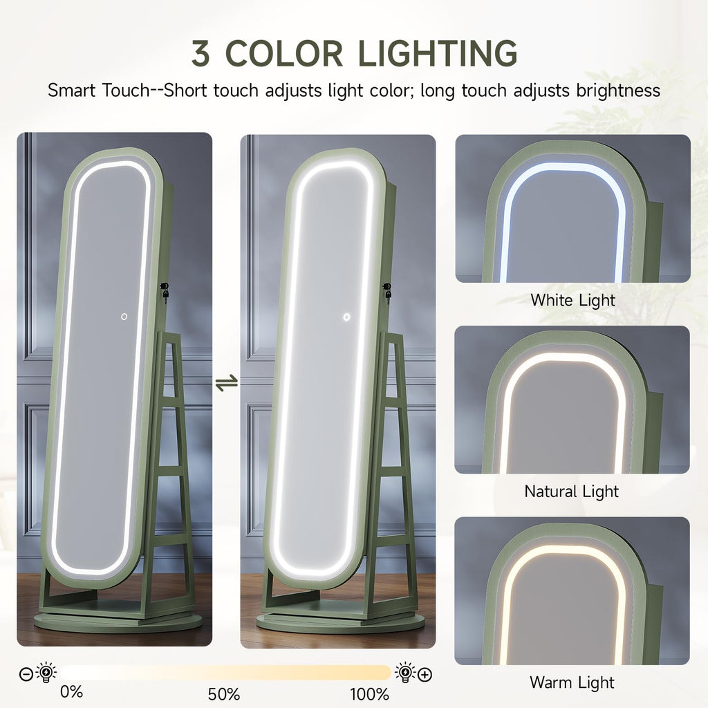 360° Swivel Jewelry Mirror Cabinet with Lights, Green