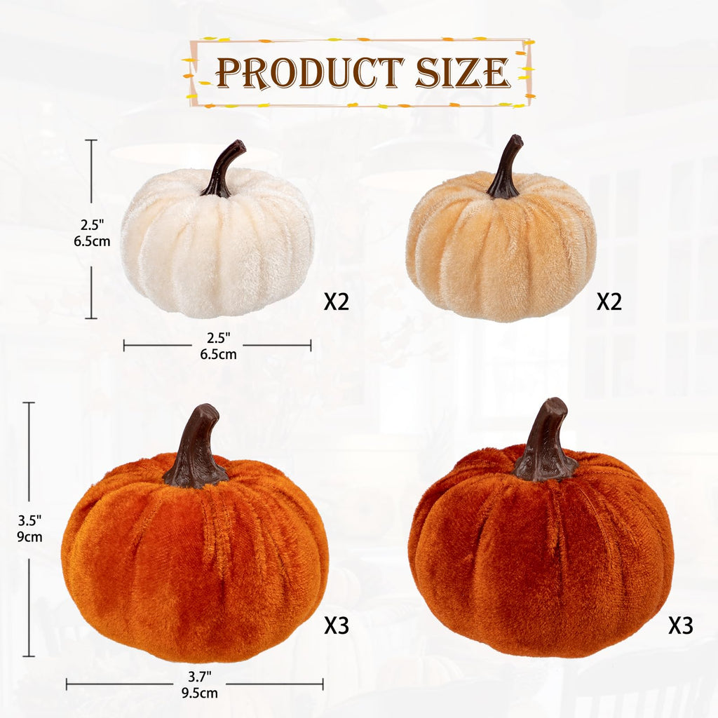 Velvet Pumpkins, 10-Piece Fall Decor, Beige Brown Orange