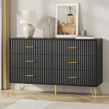 Fluted Dresser, 6 Drawer Black Dresser with Gold Handles, Modern Storage Dressers & Chests of Drawers