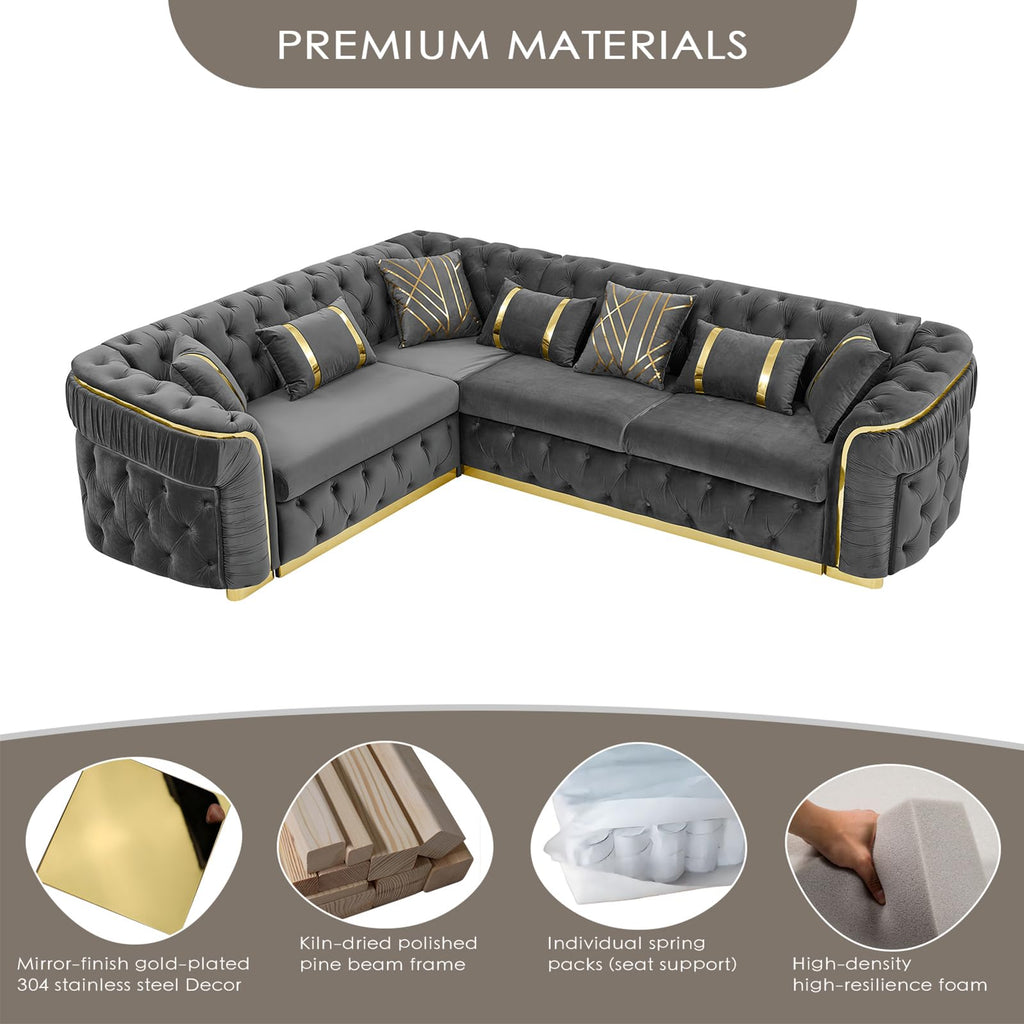 Oversize Luxury Sectional Couch 110.5" Chesterfield Sofa, Grey and Gold Sofas with Metal Accents, Victorian Curved