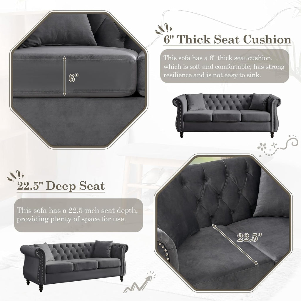80" 2 Piece 3-Seater Chesterfield Sofa, Combination Sofa with Button Tufted Trimming Curved Backrest Rolled Arms, Grey