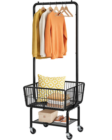 Rolling Laundry Cart with Hanging Rack & Laundry Basket, Black