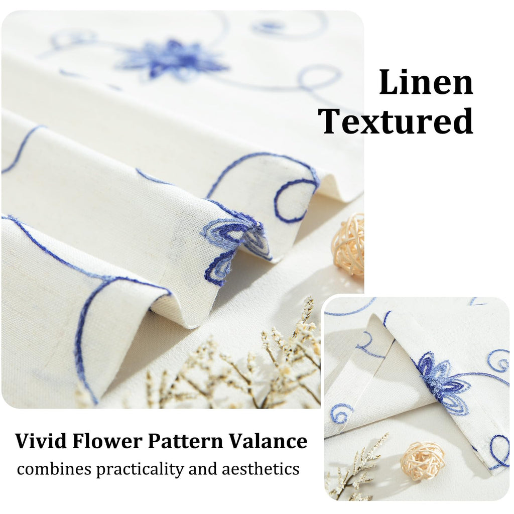 Blue Floral Vine Embroidered Window Valance, 60 x 18, 1 Panel