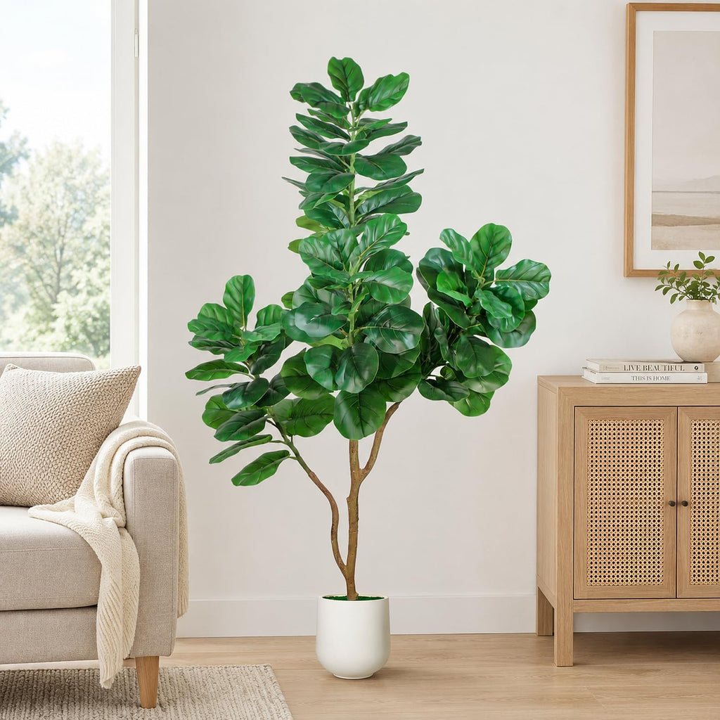 Artificial Fiddle Leaf Fig Tree, 6ft Realistic Fake Plants Faux Trees with White Planter, Artificial Plants Indoor