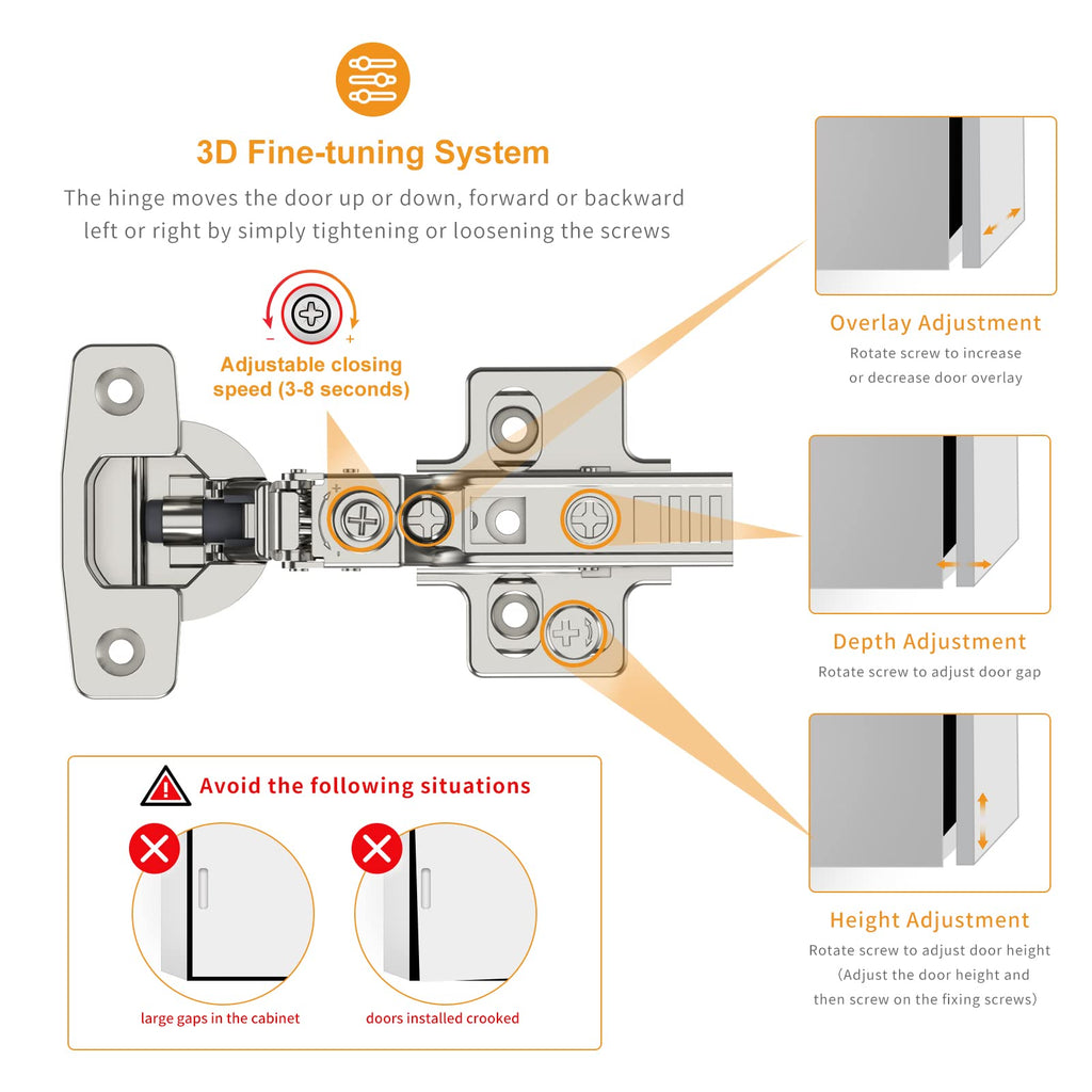 10 Pack Frameless Inset Soft Close Concealed European Hinges, Self Closing Satin Nickel, 105 ° Open Angle 4D