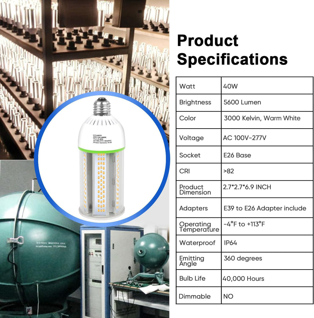 40W LED Corn Cob Bulb, 400W Equivalent, 5600 Lumens,3000k Bright White, E26/E39 Base, Replace 100W Metal