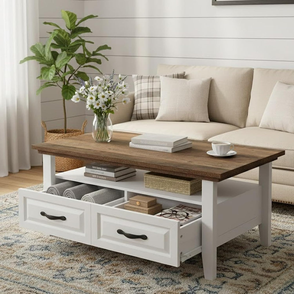 Amada Coffee Table, 39.4" Small Coffee Table with Storage, Open Display Shelf and Hidden Drawers