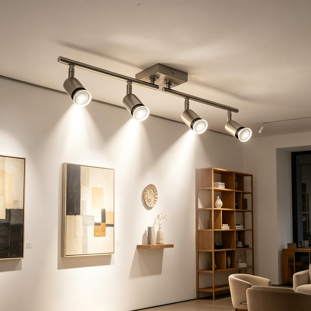 Long Stem Track Lighting, Nickel Hardwired GU10 Ceiling Spotlight, Rotatable Adjustable Long Arm Track Light