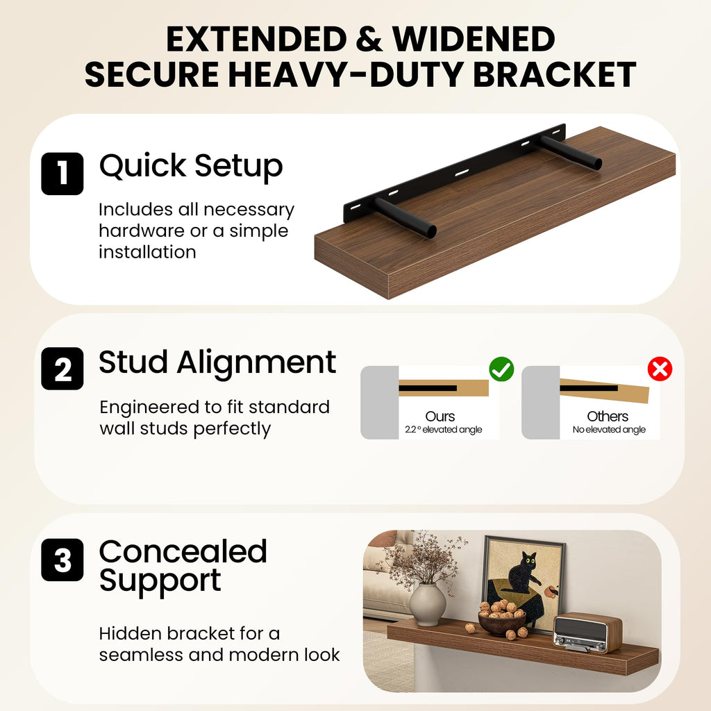 55" Floating Shelves for Wall, Set of 2, 8" Deep, 1.5" Thick, Walnut Finish