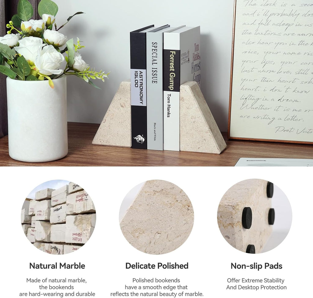 Marble Bookends for Heavy Books, Decorative Book Ends for Shelves, Beige Stone Durable and Heavy-Duty Book Ends for