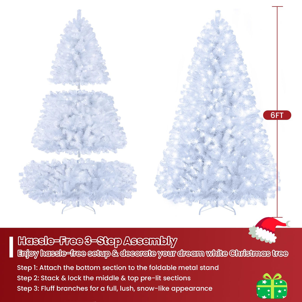 6ft White Prelit Christmas Tree with 300 LED White Lights, 726 Dense Branch Tips, Versatile Holiday Tree for
