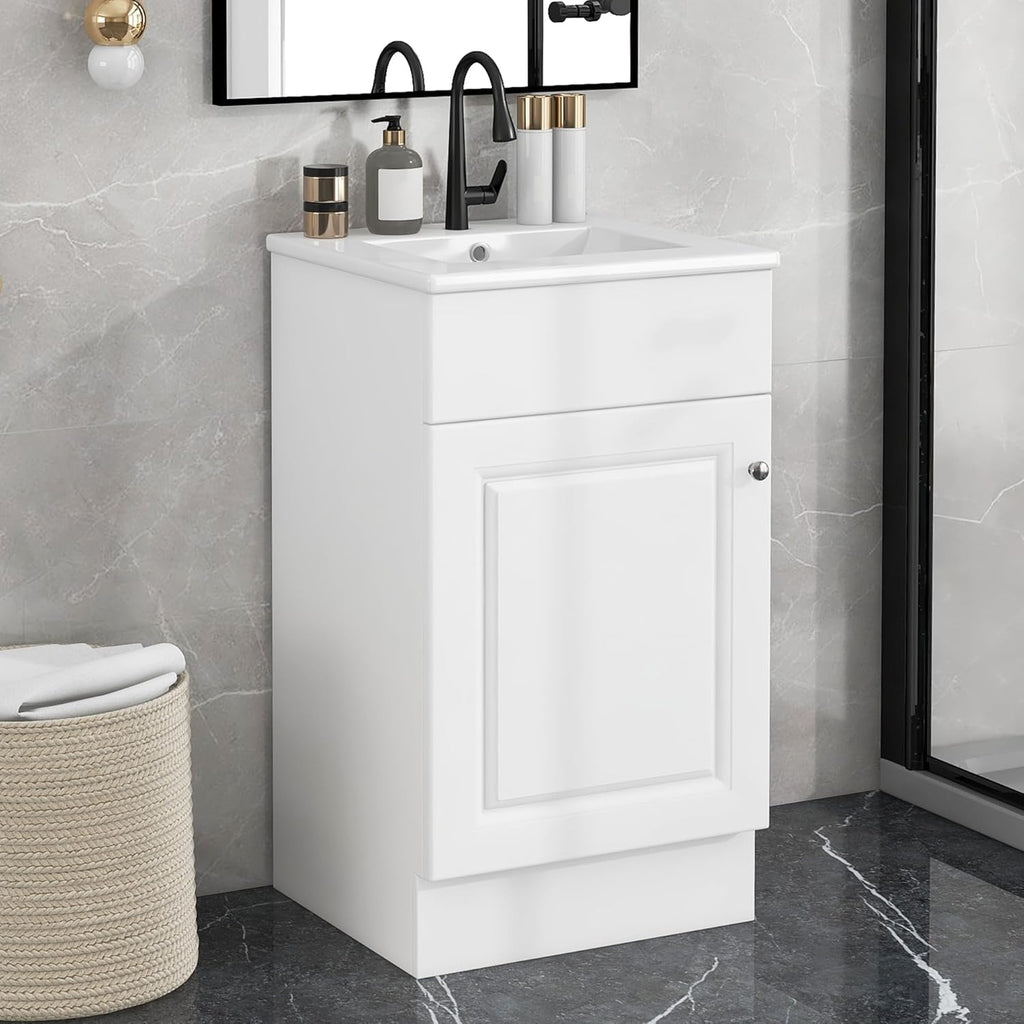18-Inch Bathroom Vanity with Sink Combo – Freestanding Single Storage Cabinet with Adjustable Shelf and Storage Rack, Wooden Vanity with Ceramic Basin, White