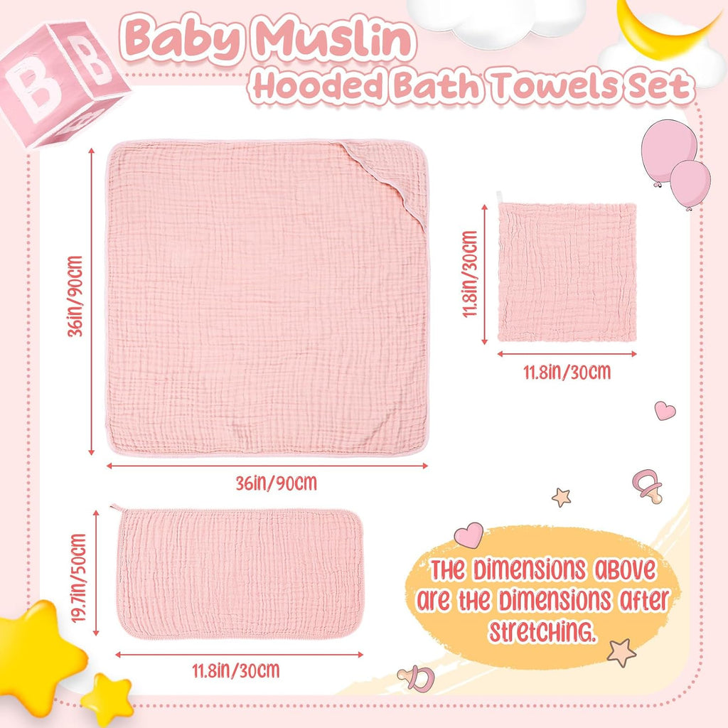 12 Pcs Muslin Hooded Baby Bath Towel Set, Pink Series
