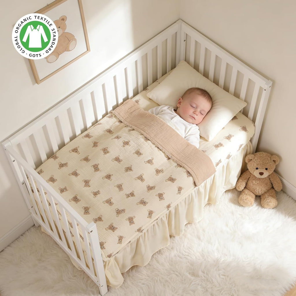 Organic Cotton Muslin Baby Crib Bedding Set 3 Piece Soft for Infant Newborn Toddler Boys Girls 52"x28", Nursery Bed