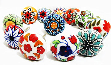 12 x Mix Vintage Look Flower Ceramic Knobs Door Handle Cabinet Drawer Cupboard Pull (12 Flat)