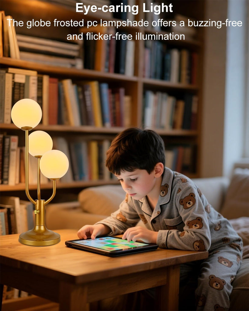 Modern Gold Globe Table Lamp Dimmable Mid Century 3-Light Desk Lamp 3000K Warmwhite Nightstand Lamp Bedside End