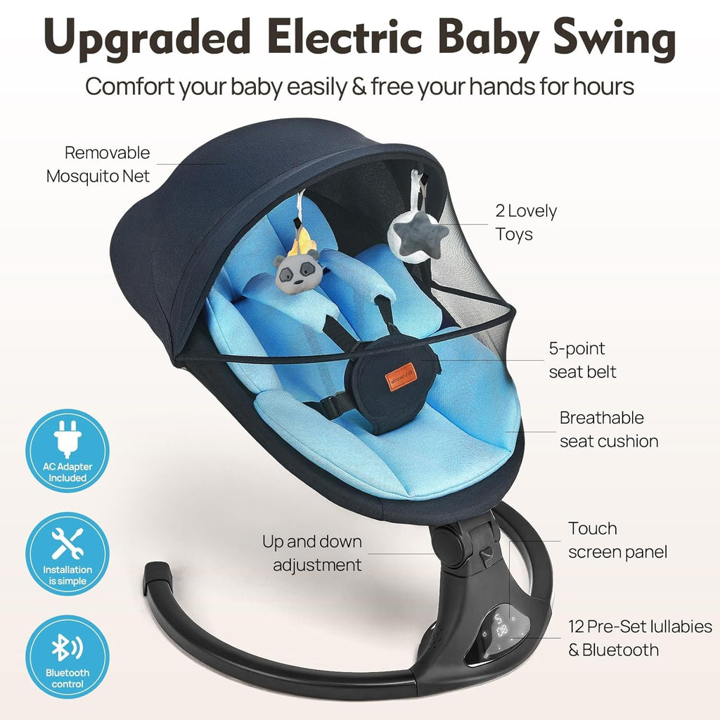Electric Baby Swing Remote/Touch Speed Bluetooth 12 Melodies Blue