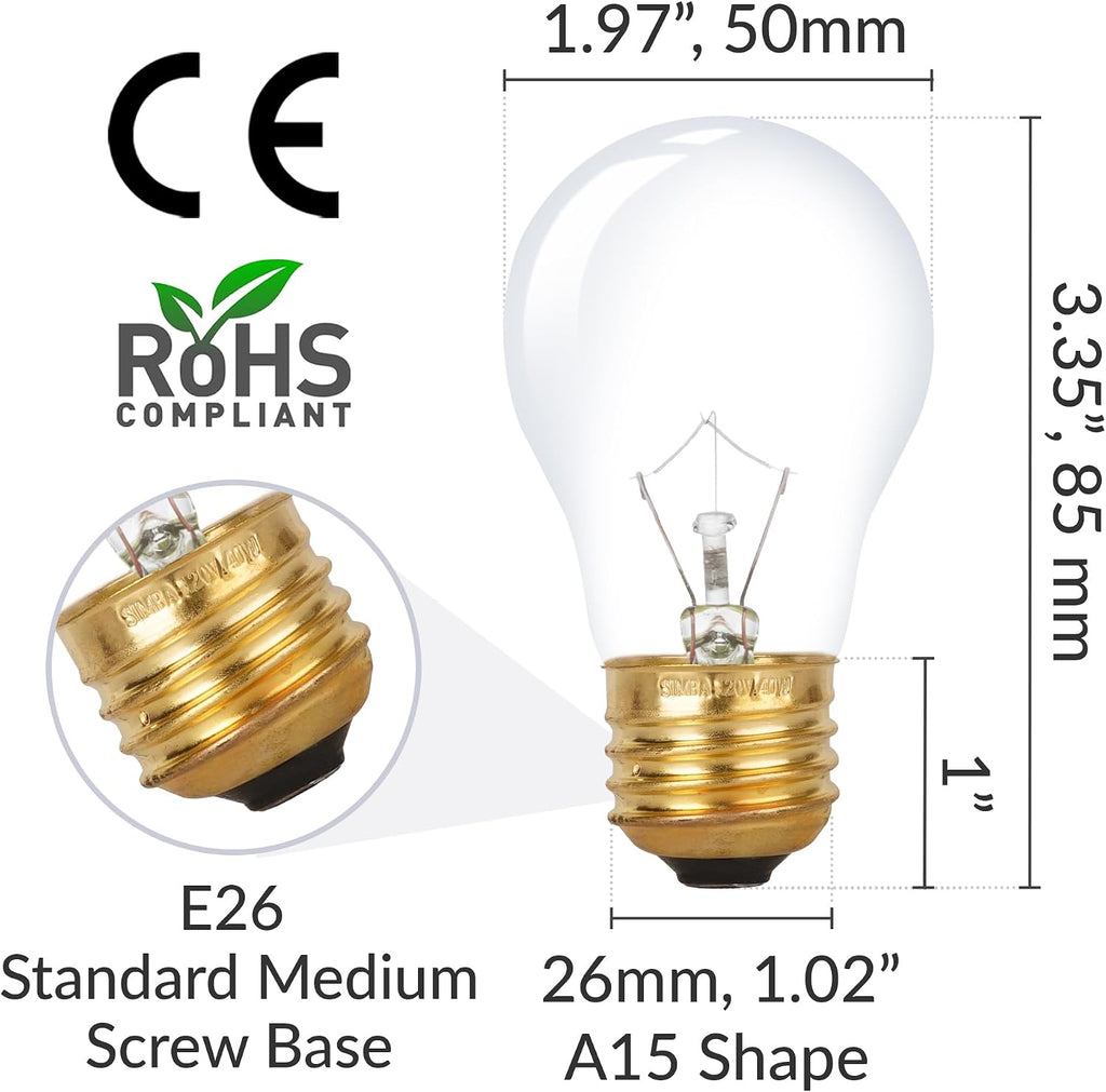 Oven Light Bulb 300°C/572°F Rated A15 40W E26 2700K, 4 Pack