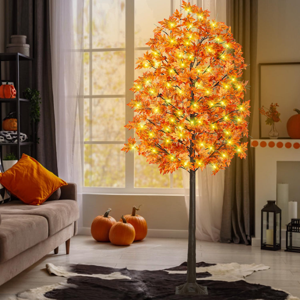 8FT Fall Maple Tree Light - Thanksgiving Decor Artificial Tree with 21 Acorn, Remote 8 Flashing Modes, Timing