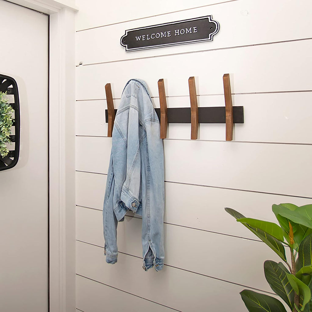 24-Inch Mid Century Coat Rack with 5 Wooden Hooks, Farmhouse Style Hookrail , and More, Solid Wood, 9.5" H x 24" W x