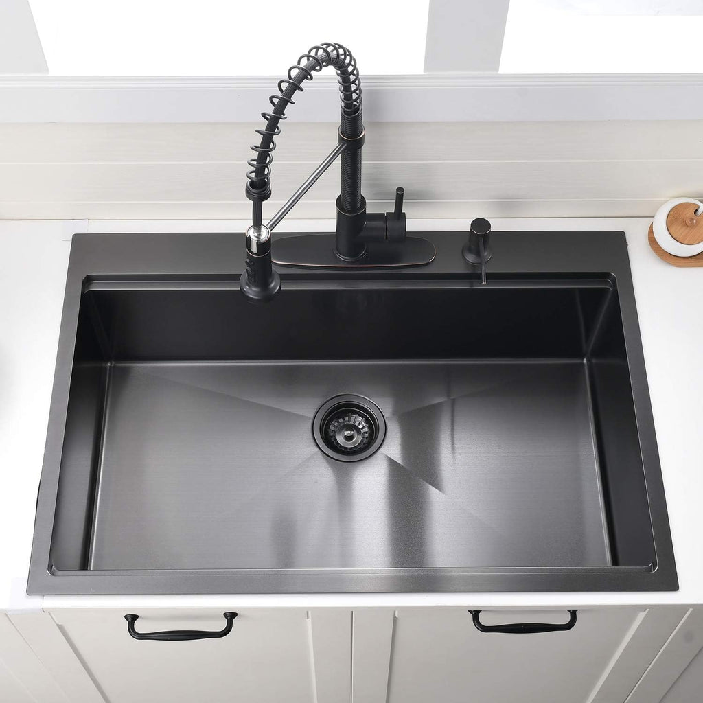 33 Inch Black Drop Sink - VOKIM33x22Inch Top Mount Sink | Workstation Stainless Steel Drop In Sink 16 Gauge Single