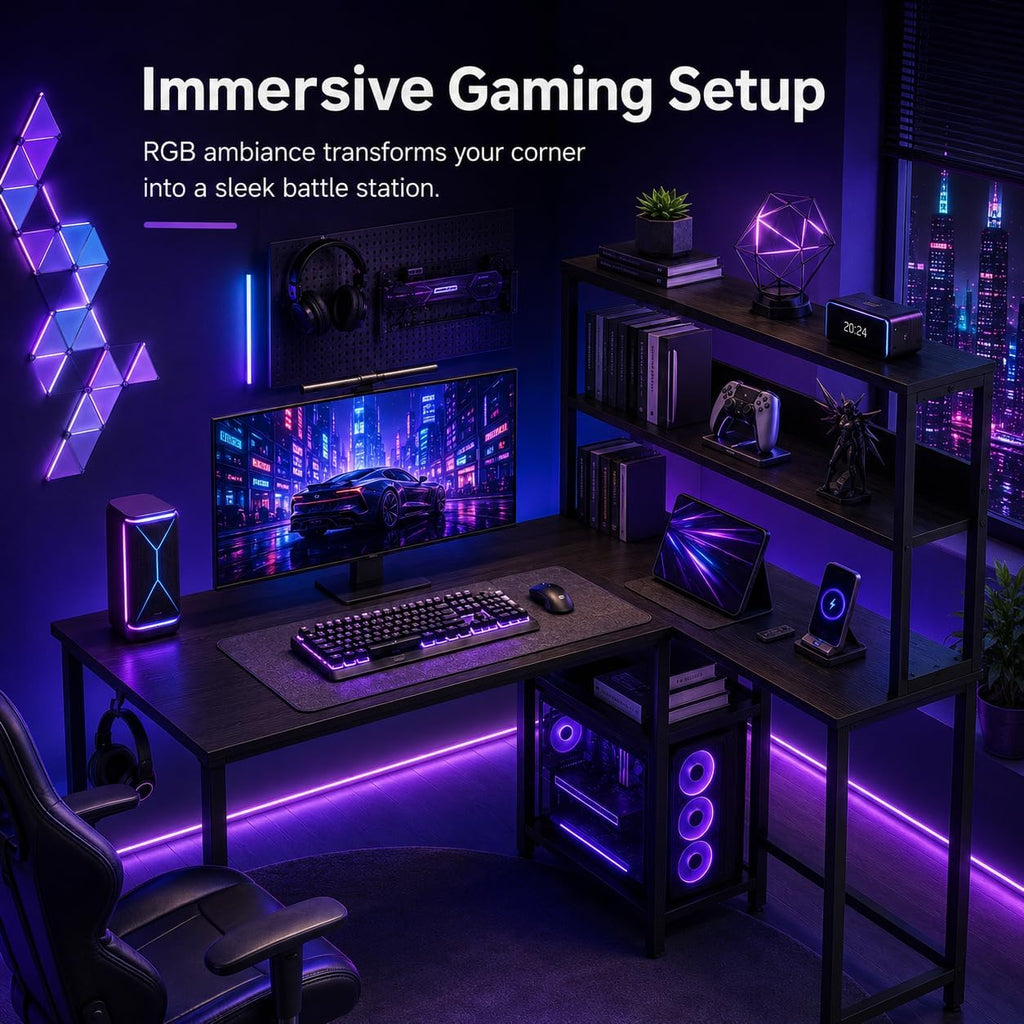 L Shaped Desk Gaming Desk with LED Light & Power Outlet, 43 Inch Reversible Computer Table with Shelf & Storage