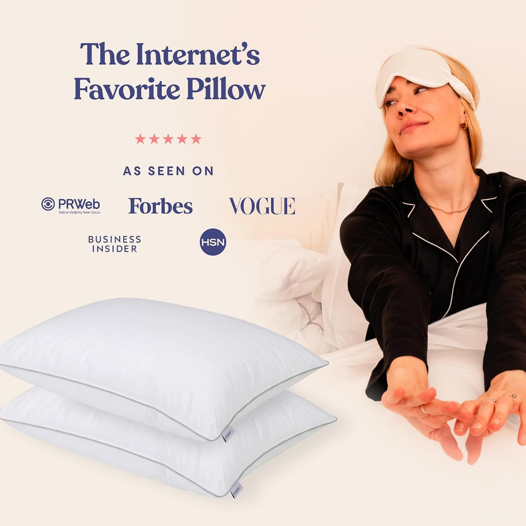 Down Alternative Bed Pillows - Standard/Queen Size, Soft (2 Pack) | 100% Cotton Cover, Recycled Vegan Microfiber