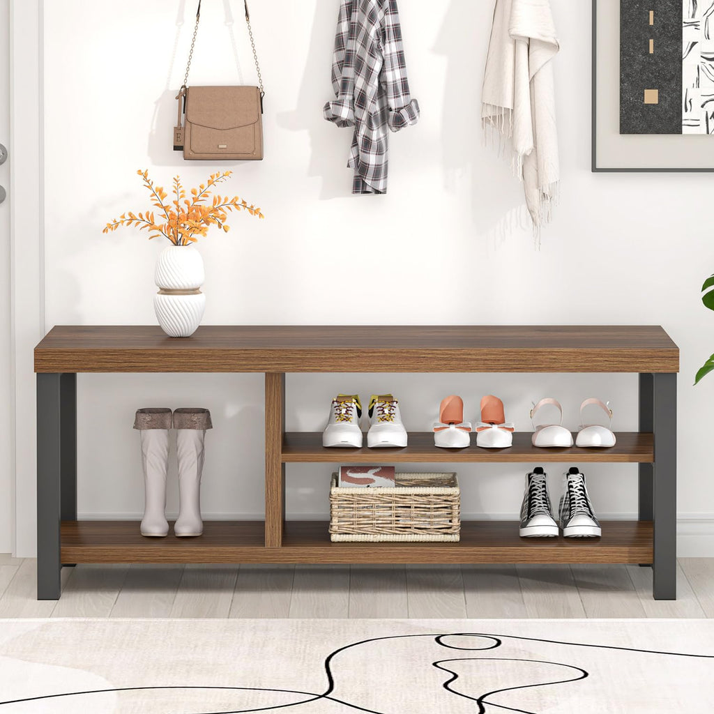 Shoe Bench, Modern Wood and Metal Storage Bench Hallway, Industrial Indoor Shoe Rack Bench Seat, Rustic Walnut, 43.3