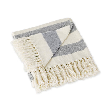 Rustic Farmhouse Cotton Cabana Striped Blanket Throw with Fringe, 50 x 60 - Cabana Striped Off-White with French Blue