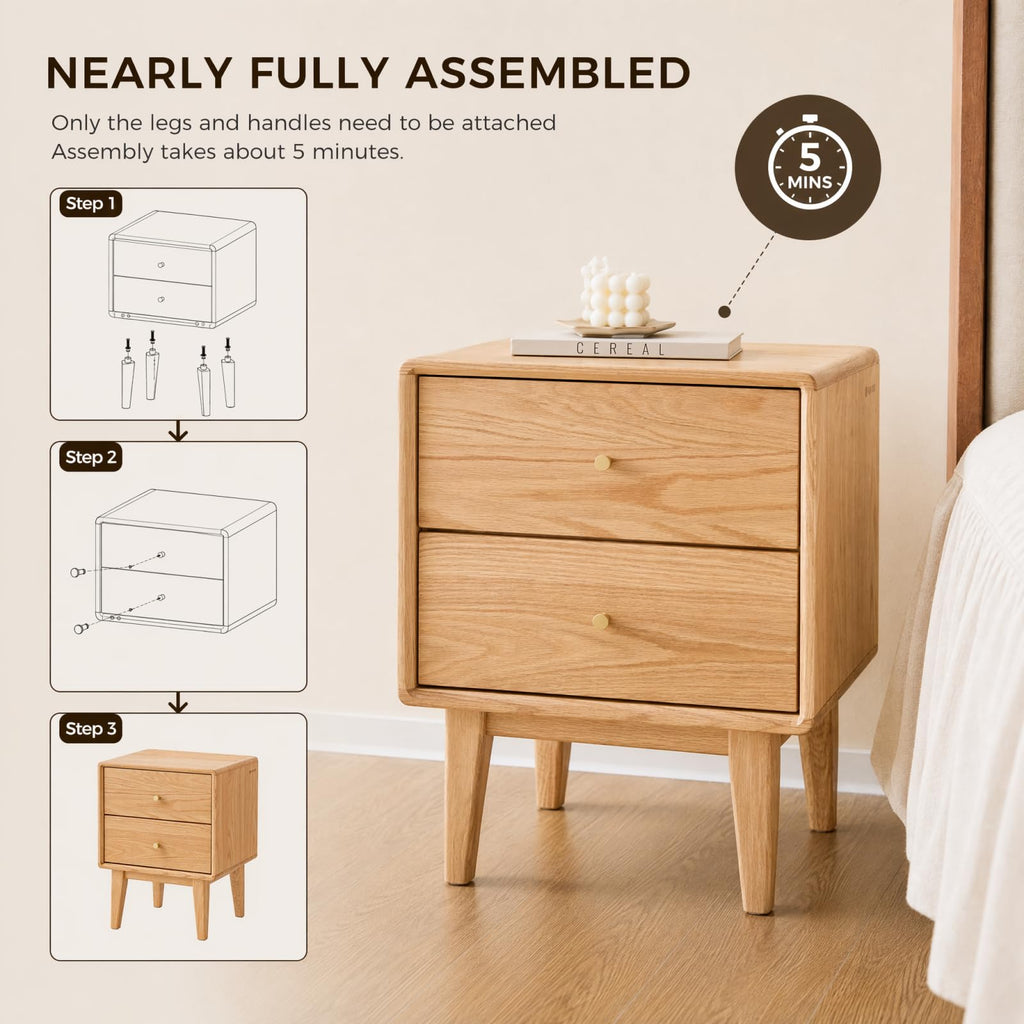 Solid Oak Nightstand with 2 Drawers, Mid Century Modern Nightstands, Light Wood Night Stand, Wood End Side Table for