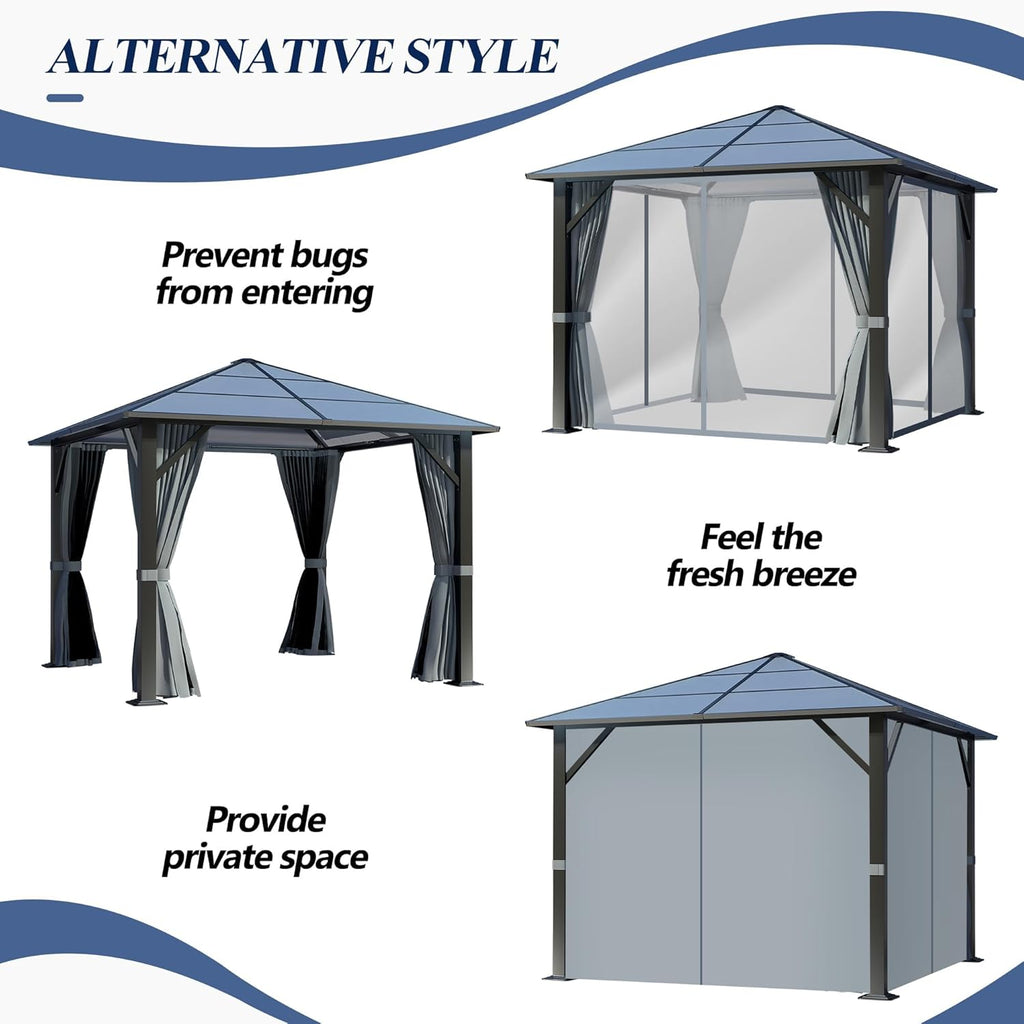 10’x10’ Patio Hardtop Gazebo with Polycarbonate Roof, Waterproof Outdoor Canopy Gazebo