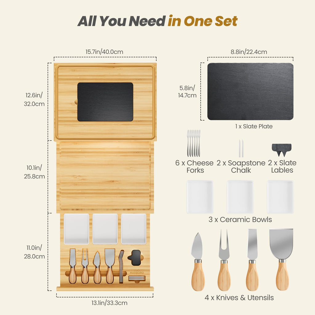 Extra Large Bamboo Charcuterie Board, 3-Layer Pull-Out Cheese Trays
