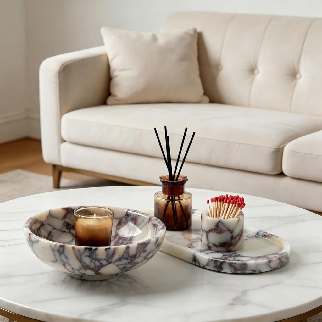 Luxury Natural Marble Decorative Bowl - Medium 7-Inch Calacatta Viola Marble for Coffee Table Centerpiece Holder