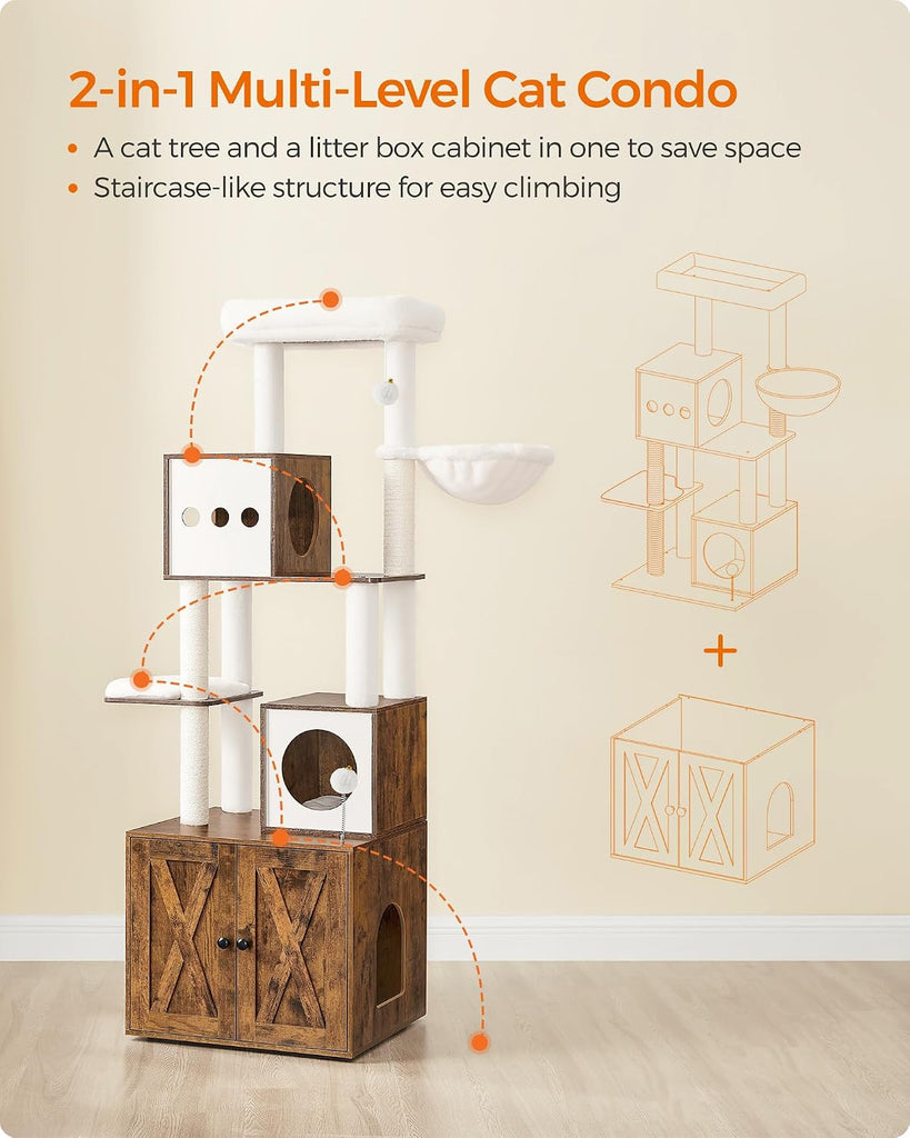Cat Tree with Litter Box Enclosure, 70.1-Inch Tall Cat Tower