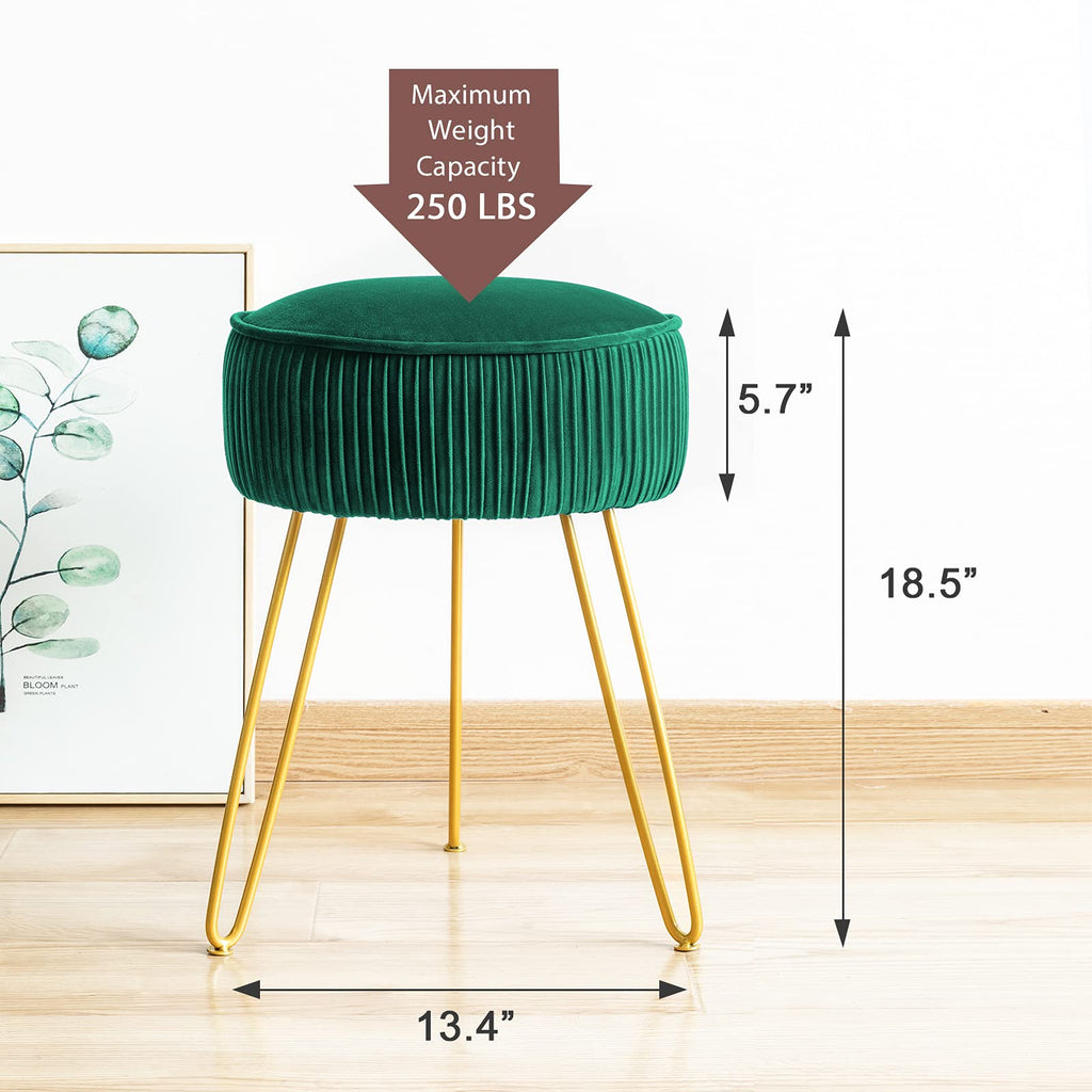 Pleated Vanity Stool, Velvet Upholstered for Makeup Room, Round Mondern Stool for Vanity, Ottoman Footrest with Metal