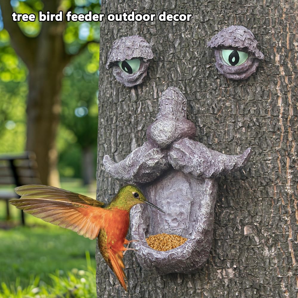 Tree Face Decors Wild Bird Feeders, Whimsical Big Eyes Old Man Face for Tree Hugger Yard Art Outdoor Garden Sculptures