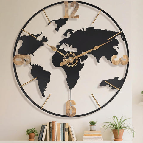 24 Inch Large Wall Clock,Modern Decorative Big World Map with Vintage Gold Arabic Numeral Extra Giant Metal Oversized