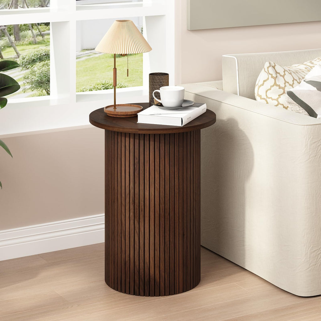Round Fluted End Table, Small Accent Pedestal Side, Brown