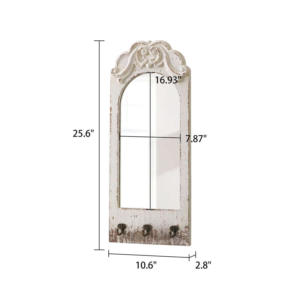 Farmhouse Entryway Mirror with 3 Hooks, 26 X 10 Inch
