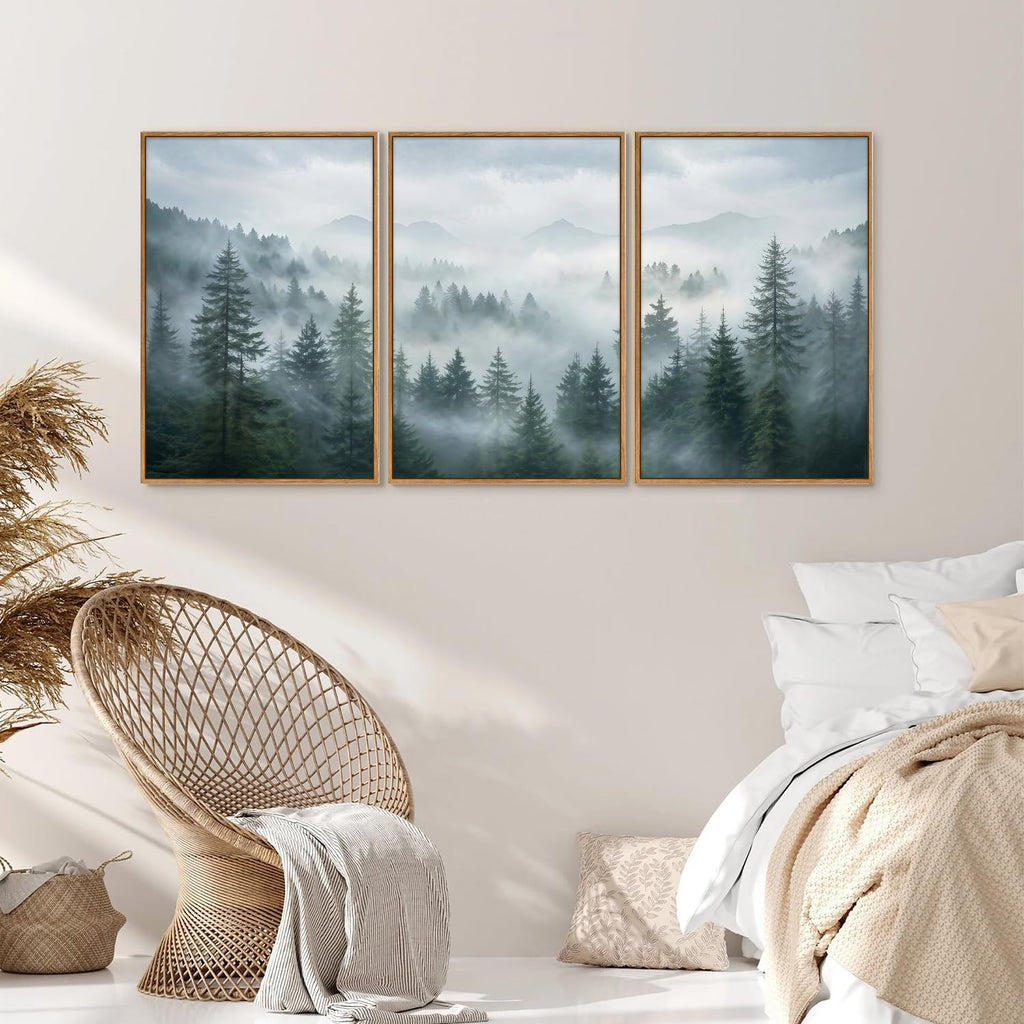 Large Misty Forest Framed Canvas Wall Art Set, Dark Green Pine Tree Artwork, Modern Nature Landscape Wall Decor