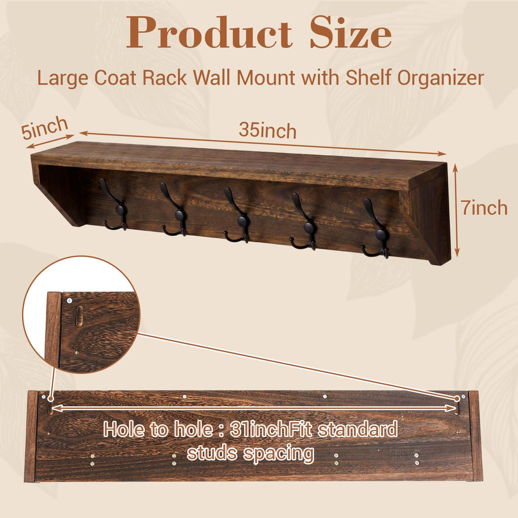 35 Inch Wall Shelf with Hooks and Shelf Organizer