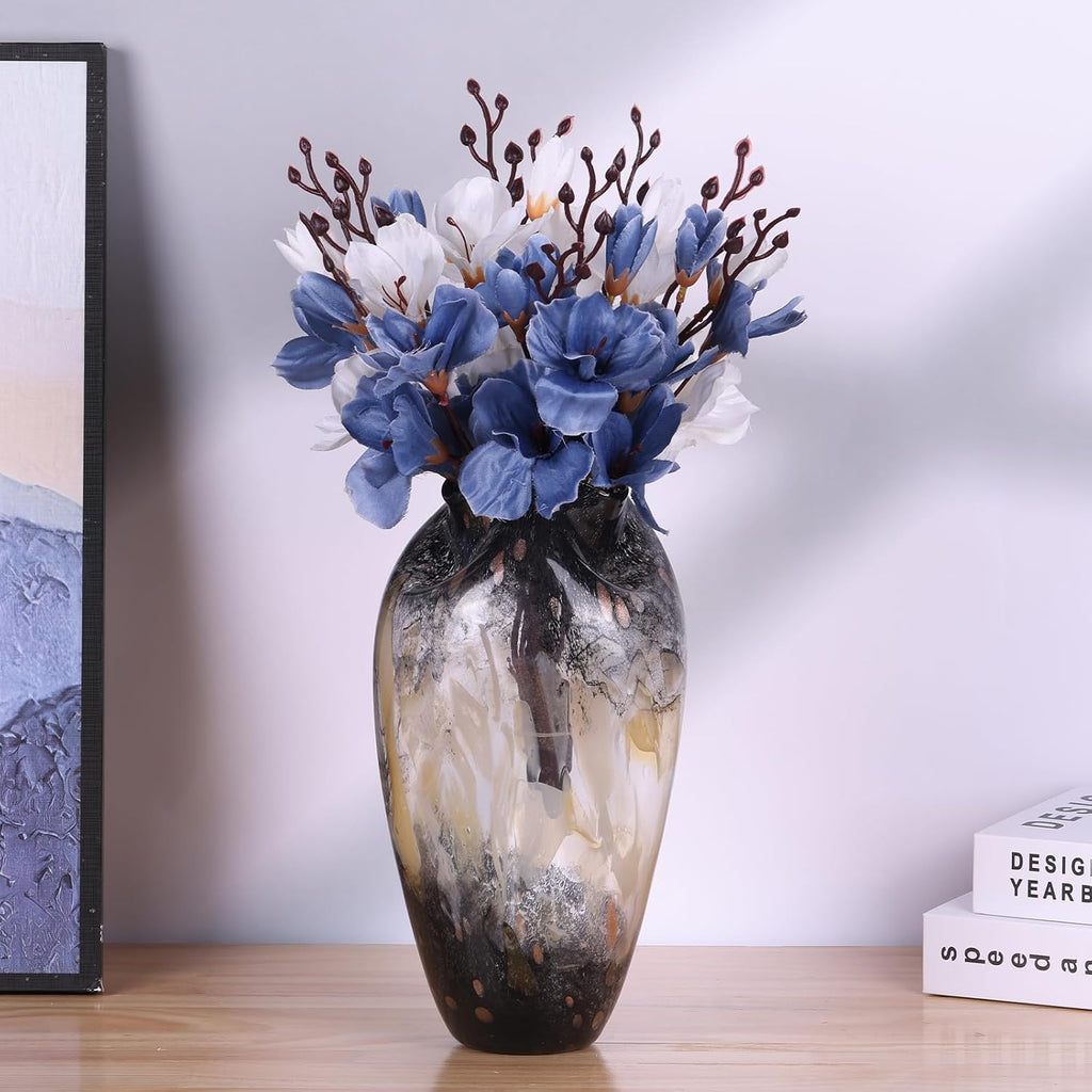 Murano Style Glass Vase, Hand Blown Decorative Art Vase with Ruffled Opening for Flowers, Shelf Tabletop Mantel