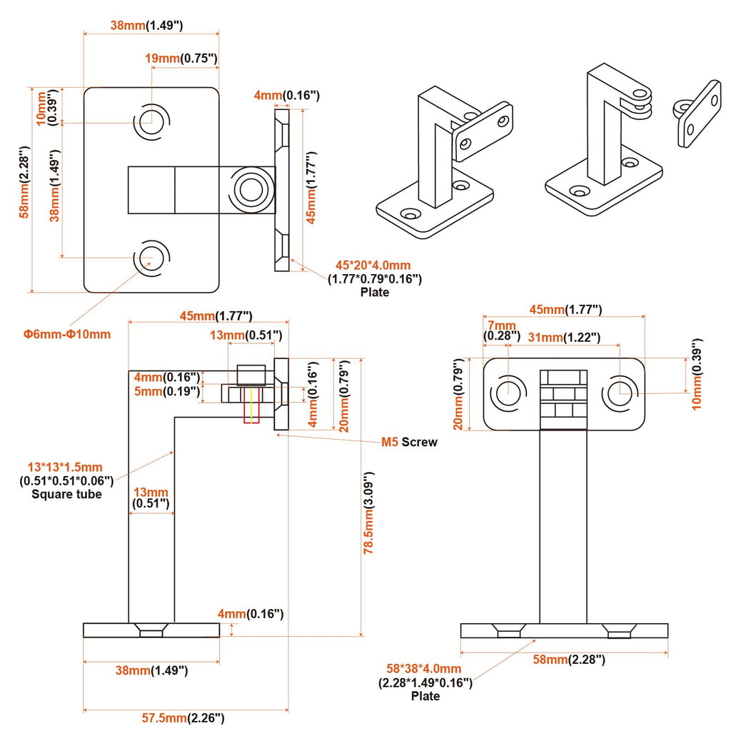 Handrail Brackets Adjustable Heavy Duty Steel Hand Rail Brackets for Indoor Staircase Stair Banister Railing, Black