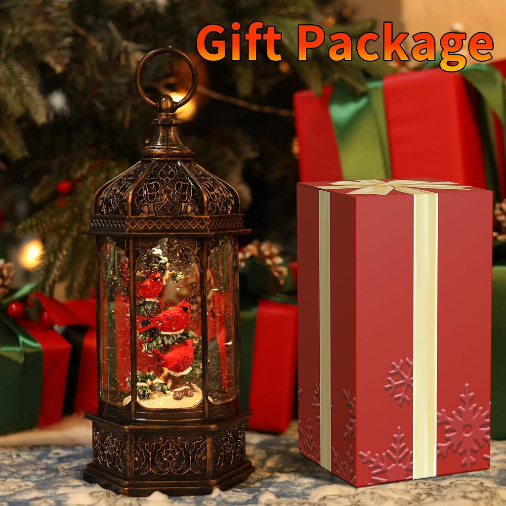 12.6Inch Cardinal Christmas Snow Globes,Musical Light Up Glitter Red Cardinal Snow Globe Lanterns,6H Timer USB